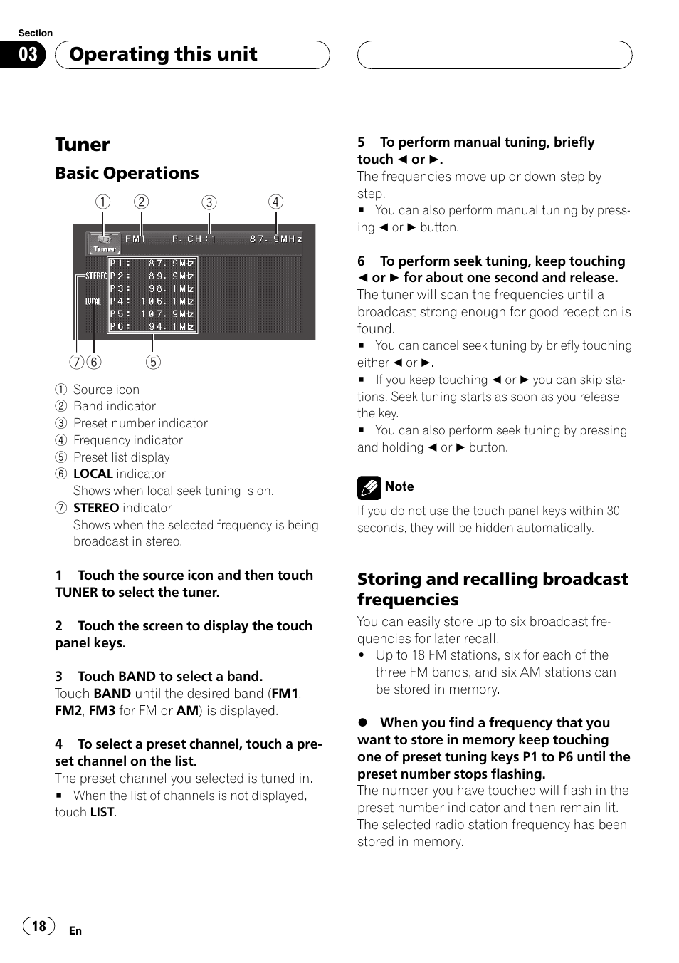 Tuner, Operating this unit | Pioneer AVH-P4900D User Manual | Page 18 / 85