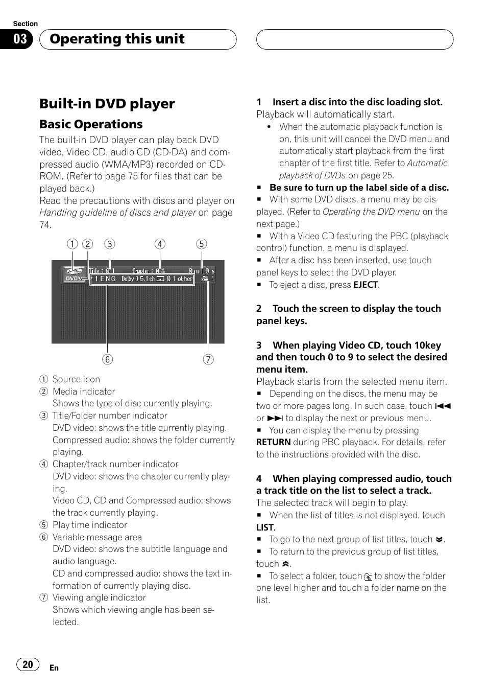Built-in dvd player, Operating this unit, Basic operations | Pioneer AVH-P4900D User Manual | Page 20 / 85