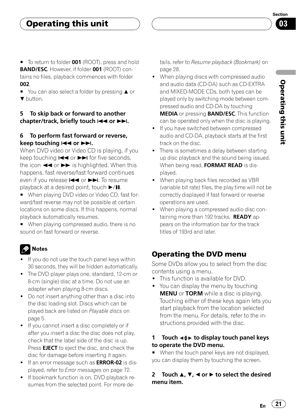 Operating this unit, Operating the dvd menu | Pioneer AVH-P4900D User Manual | Page 21 / 85