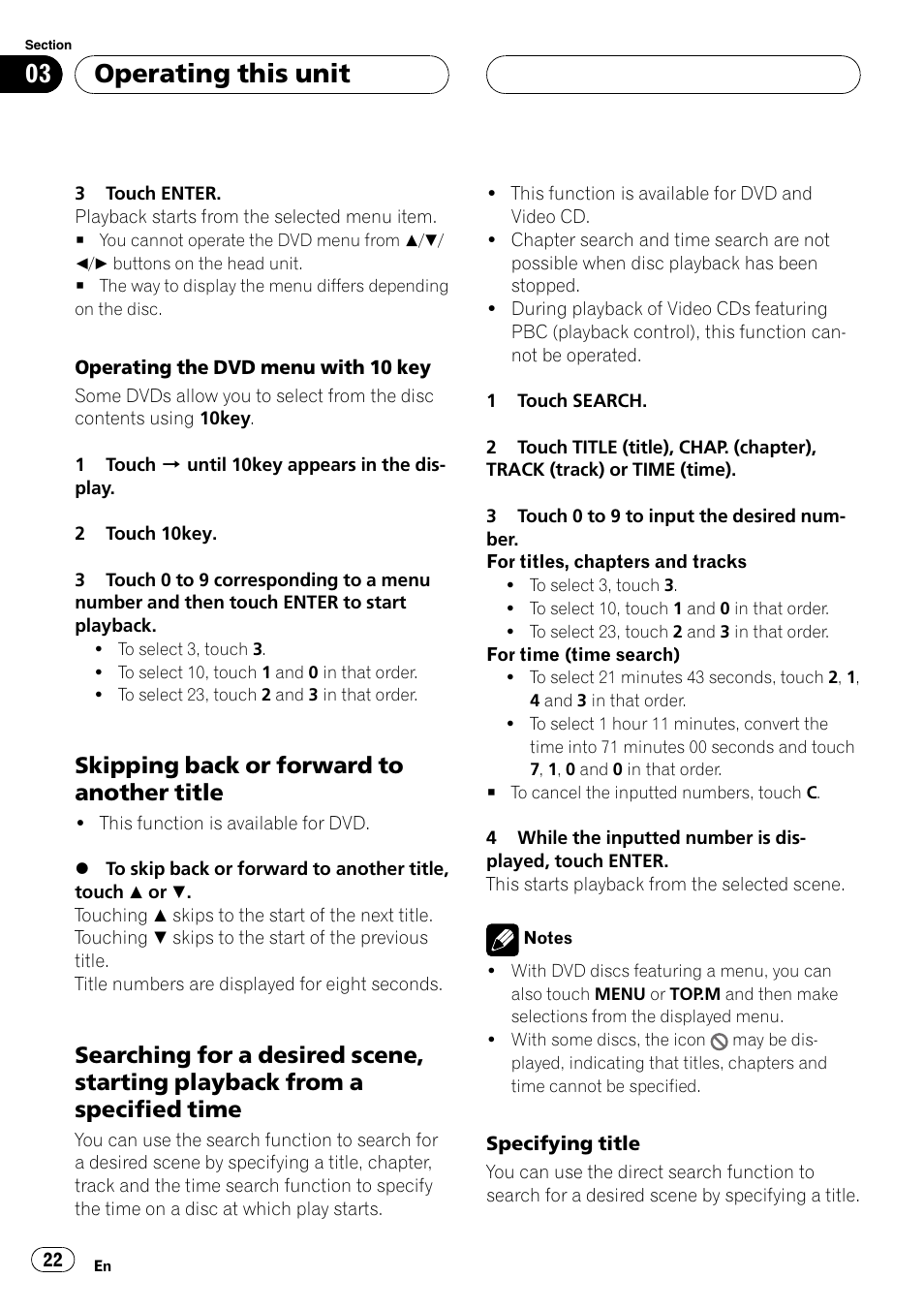 Operating this unit, Skipping back or forward to another title | Pioneer AVH-P4900D User Manual | Page 22 / 85