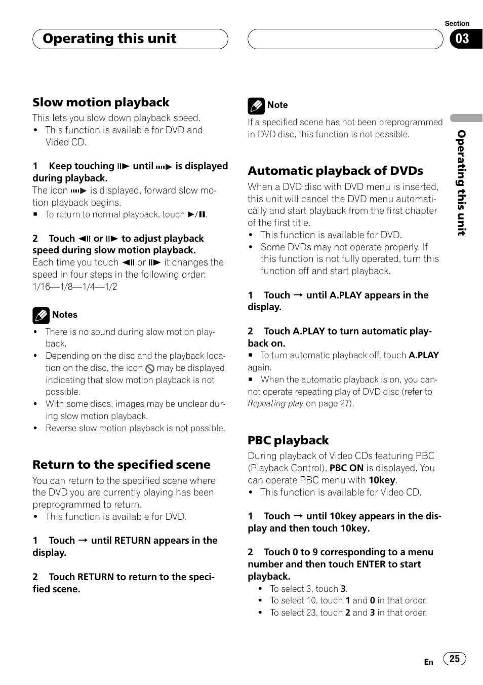 Operating this unit, Slow motion playback, Return to the specified scene | Automatic playback of dvds, Pbc playback | Pioneer AVH-P4900D User Manual | Page 25 / 85