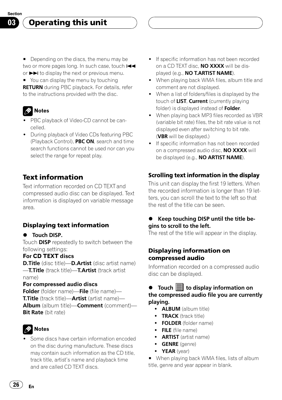 Operating this unit, Text information | Pioneer AVH-P4900D User Manual | Page 26 / 85