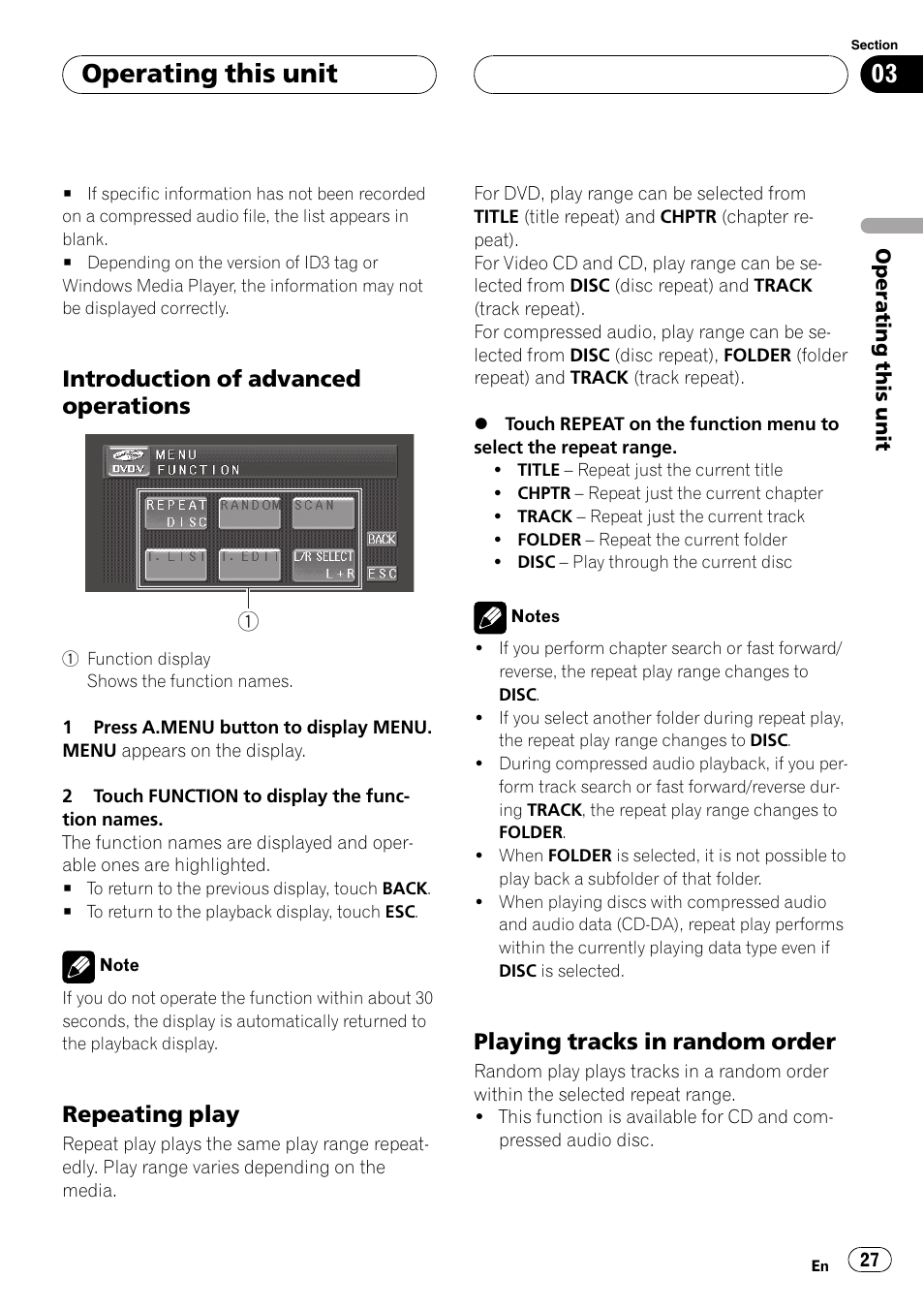 Operating this unit, Introduction of advanced operations, Repeating play | Playing tracks in random order | Pioneer AVH-P4900D User Manual | Page 27 / 85