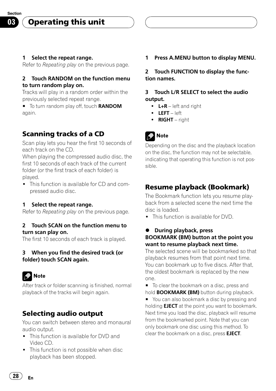 Operating this unit, Scanning tracks of a cd, Selecting audio output | Resume playback (bookmark) | Pioneer AVH-P4900D User Manual | Page 28 / 85
