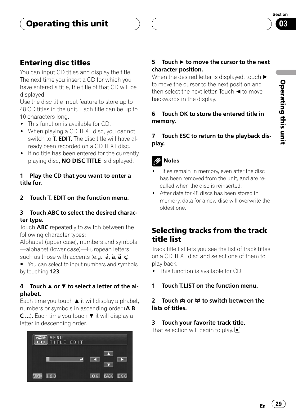 Operating this unit, Entering disc titles, Selecting tracks from the track title list | Pioneer AVH-P4900D User Manual | Page 29 / 85