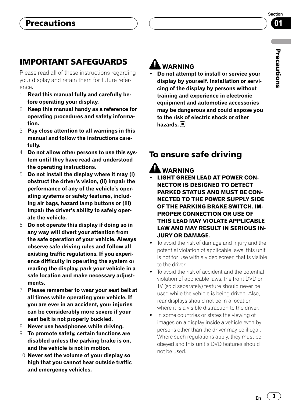 Precautions important safeguards, To ensure safe driving, Important safeguards | Precautions | Pioneer AVH-P4900D User Manual | Page 3 / 85