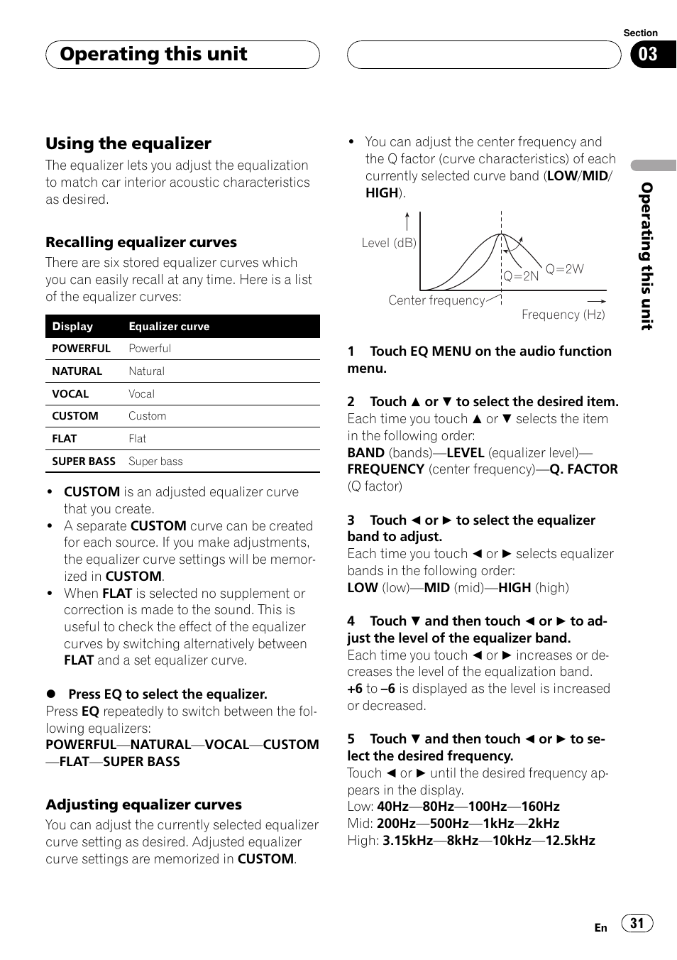 Operating this unit, Using the equalizer | Pioneer AVH-P4900D User Manual | Page 31 / 85