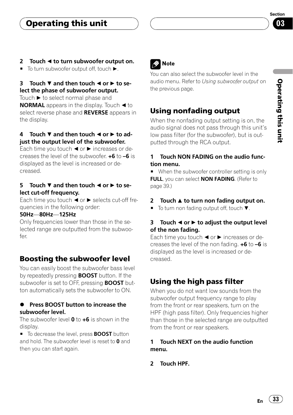Operating this unit, Boosting the subwoofer level, Using nonfading output | Using the high pass filter | Pioneer AVH-P4900D User Manual | Page 33 / 85