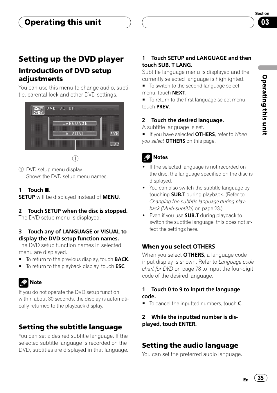 Setting up the dvd player, Operating this unit, Introduction of dvd setup adjustments | Setting the subtitle language, Setting the audio language | Pioneer AVH-P4900D User Manual | Page 35 / 85