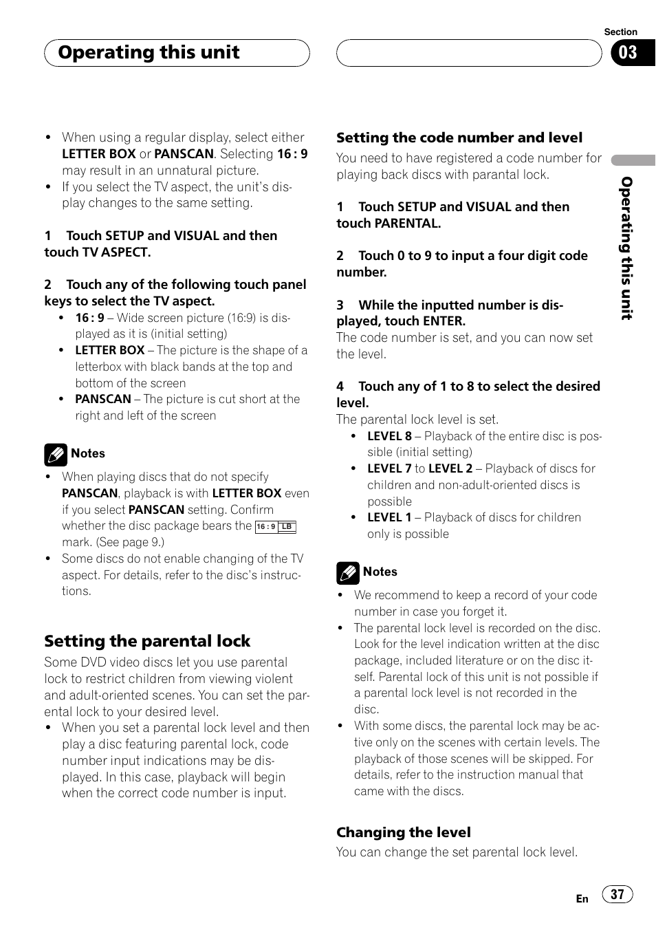 Operating this unit, Setting the parental lock | Pioneer AVH-P4900D User Manual | Page 37 / 85