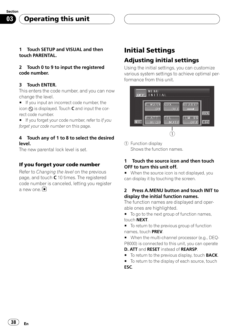 Initial settings, Operating this unit, Adjusting initial settings | Pioneer AVH-P4900D User Manual | Page 38 / 85