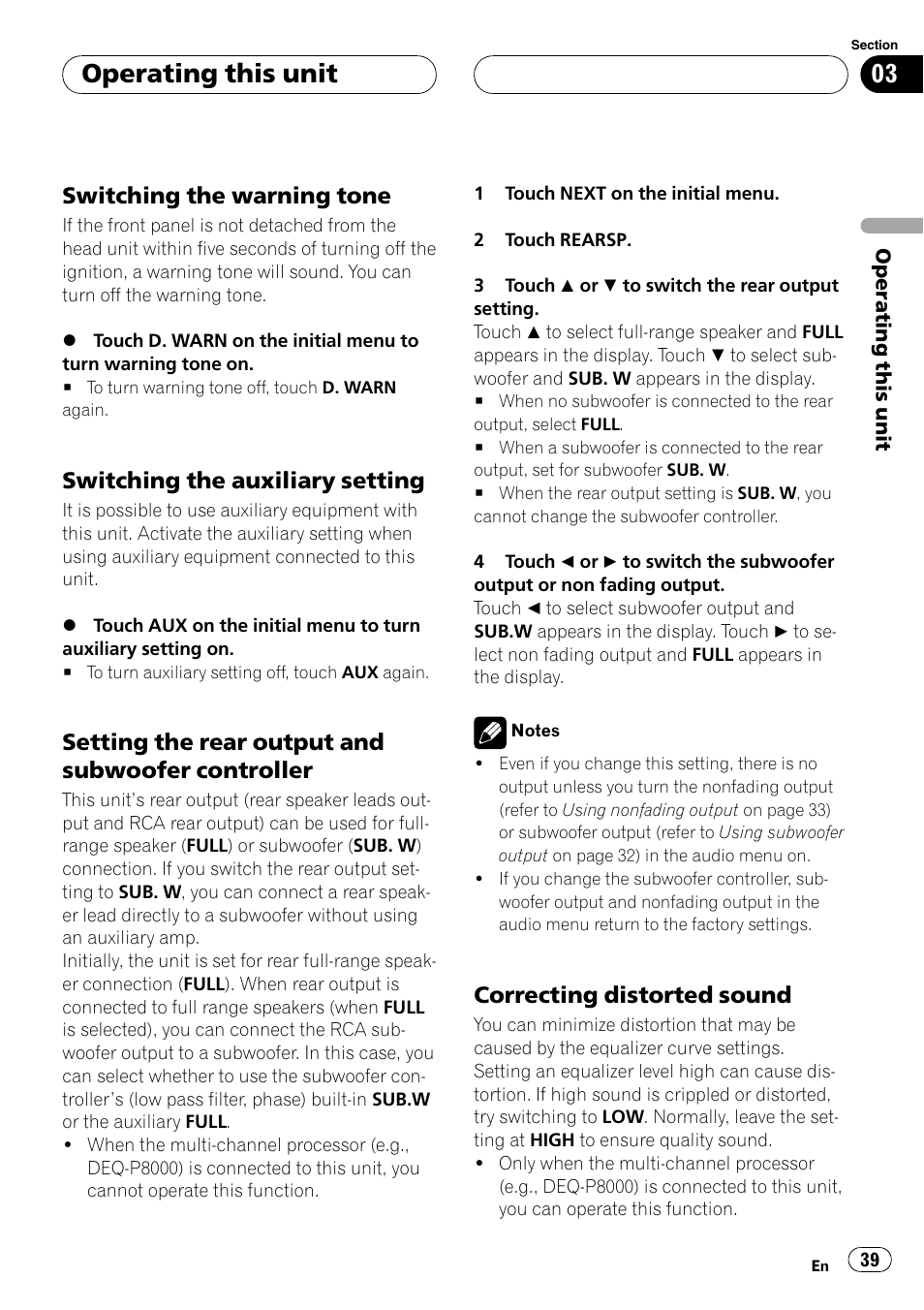 Operating this unit, Switching the warning tone, Switching the auxiliary setting | Setting the rear output and subwoofer controller, Correcting distorted sound | Pioneer AVH-P4900D User Manual | Page 39 / 85