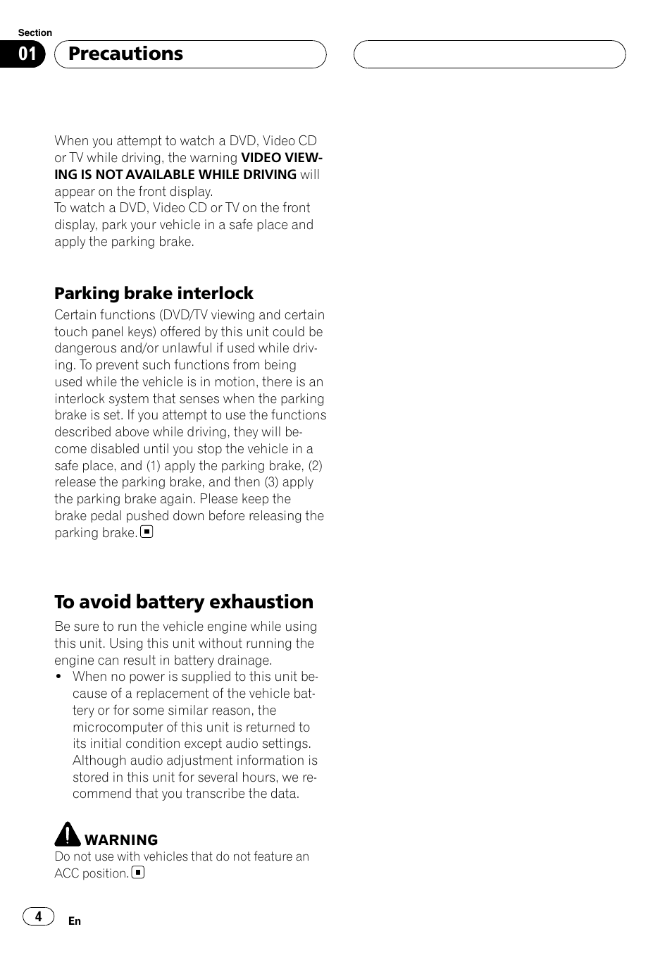 To avoid battery exhaustion, Precautions | Pioneer AVH-P4900D User Manual | Page 4 / 85