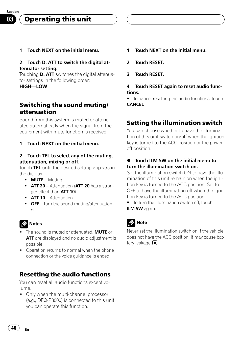 Operating this unit, Switching the sound muting/ attenuation, Resetting the audio functions | Setting the illumination switch | Pioneer AVH-P4900D User Manual | Page 40 / 85