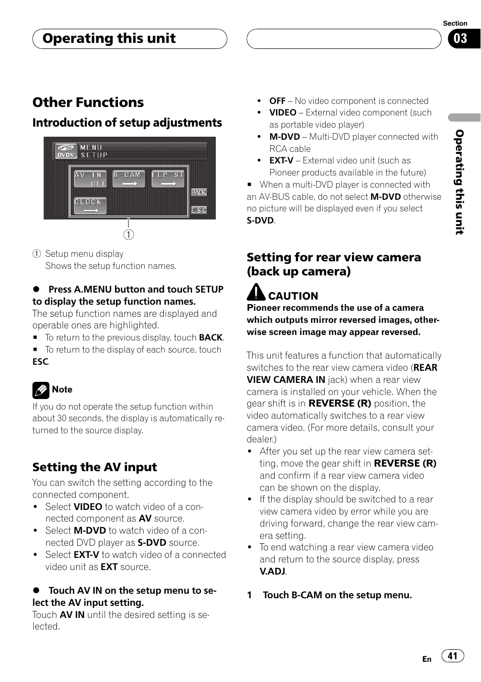 Other functions, Operating this unit, Introduction of setup adjustments | Setting the av input, Setting for rear view camera (back up camera) | Pioneer AVH-P4900D User Manual | Page 41 / 85