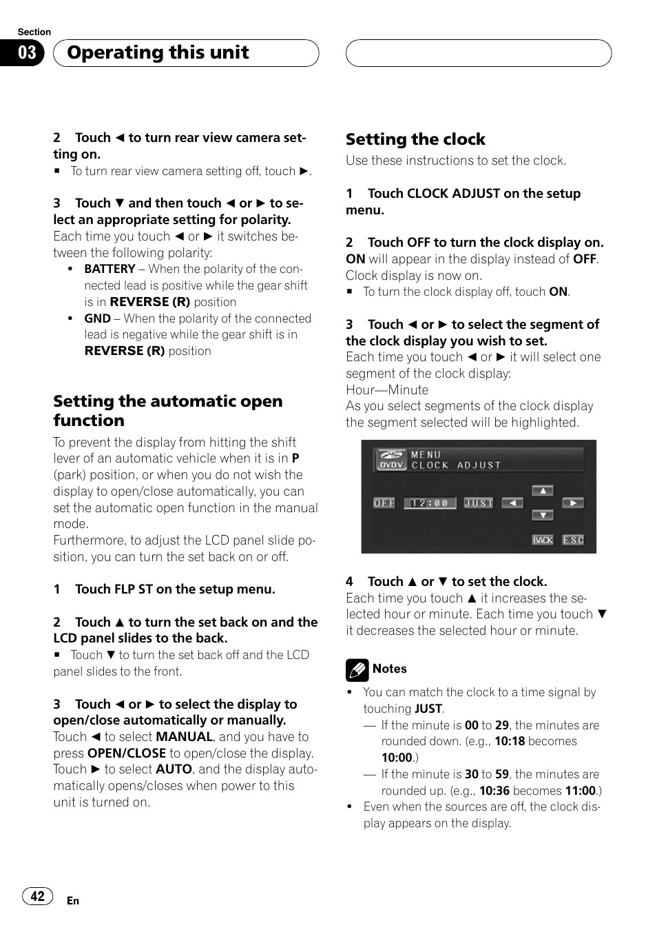 Operating this unit, Setting the automatic open function, Setting the clock | Pioneer AVH-P4900D User Manual | Page 42 / 85