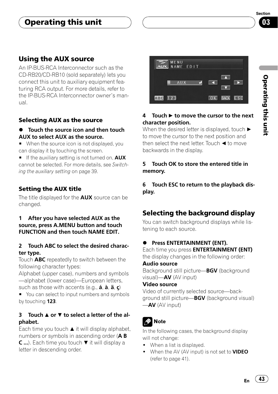 Operating this unit, Using the aux source, Selecting the background display | Pioneer AVH-P4900D User Manual | Page 43 / 85