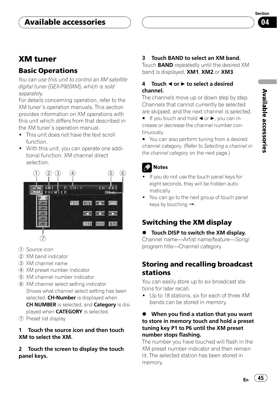 Available accessories xm tuner, Xm tuner, Available accessories | Pioneer AVH-P4900D User Manual | Page 45 / 85