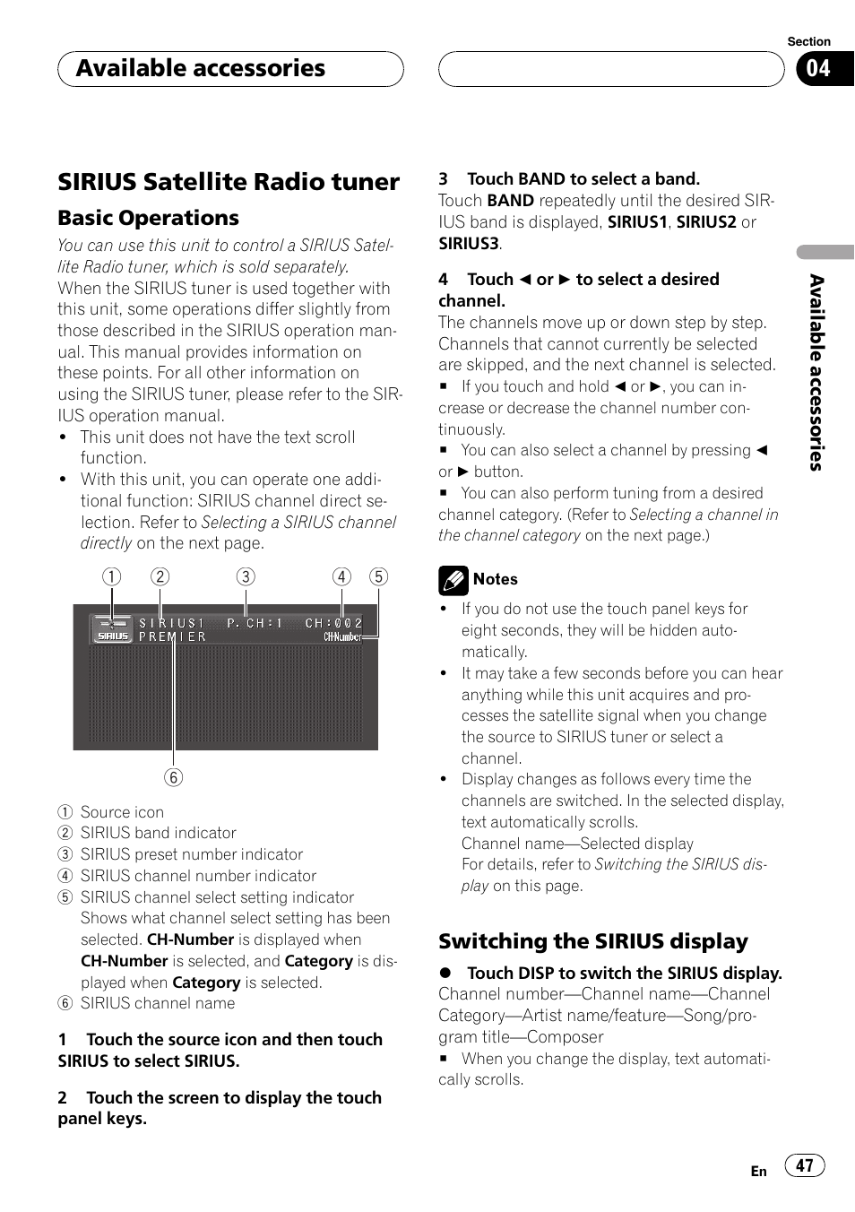 Sirius satellite radio tuner, Available accessories, Basic operations | Switching the sirius display | Pioneer AVH-P4900D User Manual | Page 47 / 85