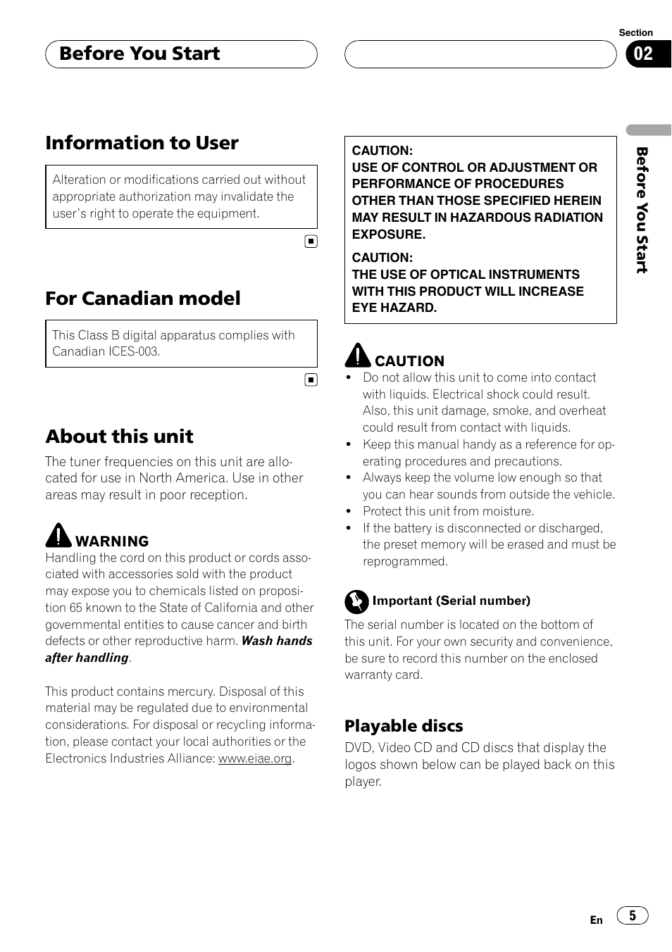 Playable discs 5, Before you start information to user, For canadian model | About this unit, Information to user, Before you start | Pioneer AVH-P4900D User Manual | Page 5 / 85