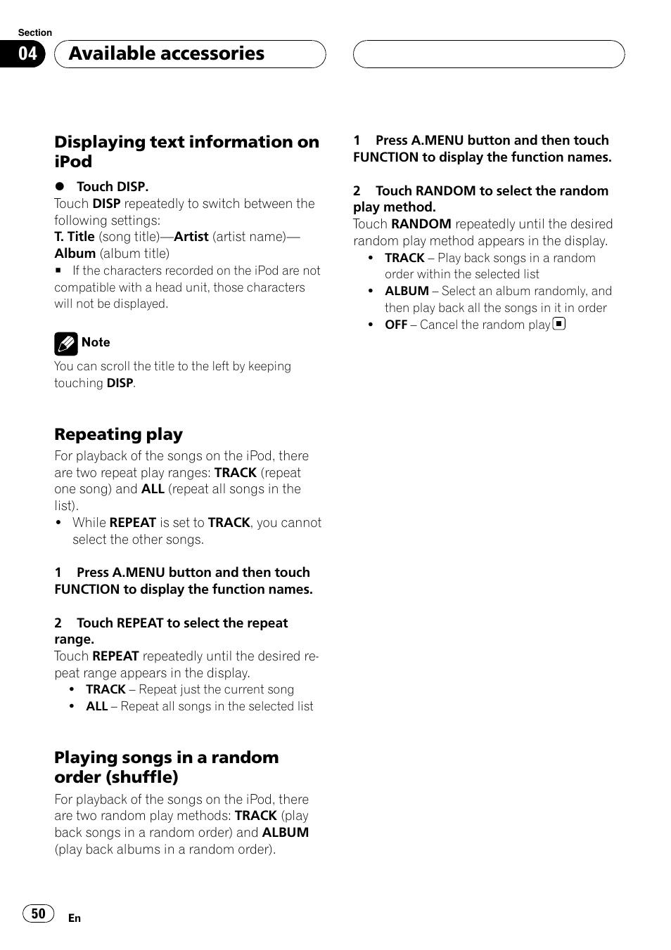 Available accessories, Displaying text information on ipod, Repeating play | Playing songs in a random order (shuffle) | Pioneer AVH-P4900D User Manual | Page 50 / 85