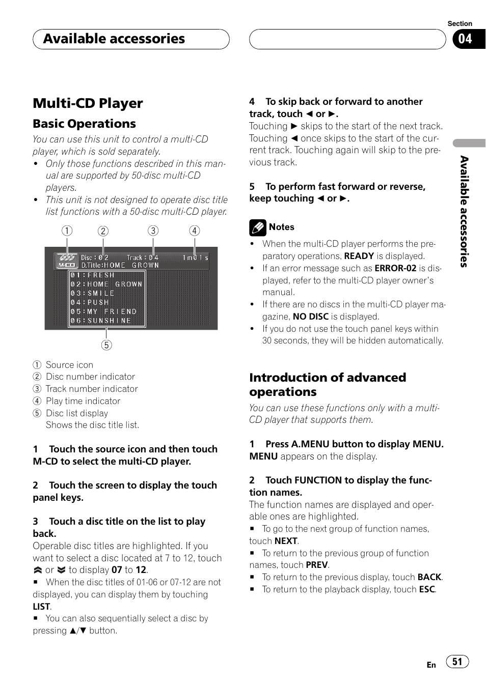 Multi-cd player, Available accessories, Basic operations | Introduction of advanced operations | Pioneer AVH-P4900D User Manual | Page 51 / 85