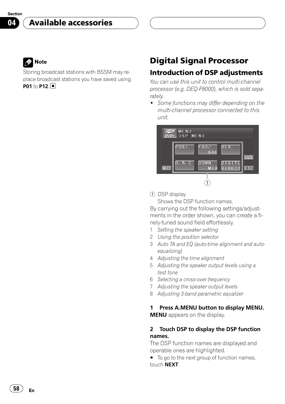 Digital signal processor, Available accessories, Introduction of dsp adjustments | Pioneer AVH-P4900D User Manual | Page 58 / 85