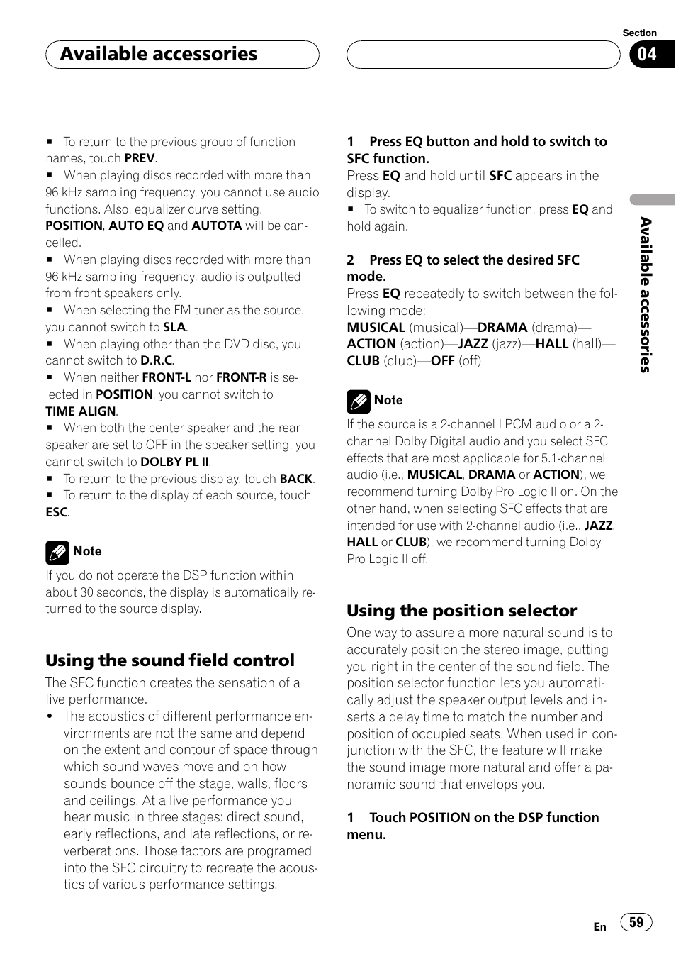 Using the position selector, Available accessories, Using the sound field control | Pioneer AVH-P4900D User Manual | Page 59 / 85