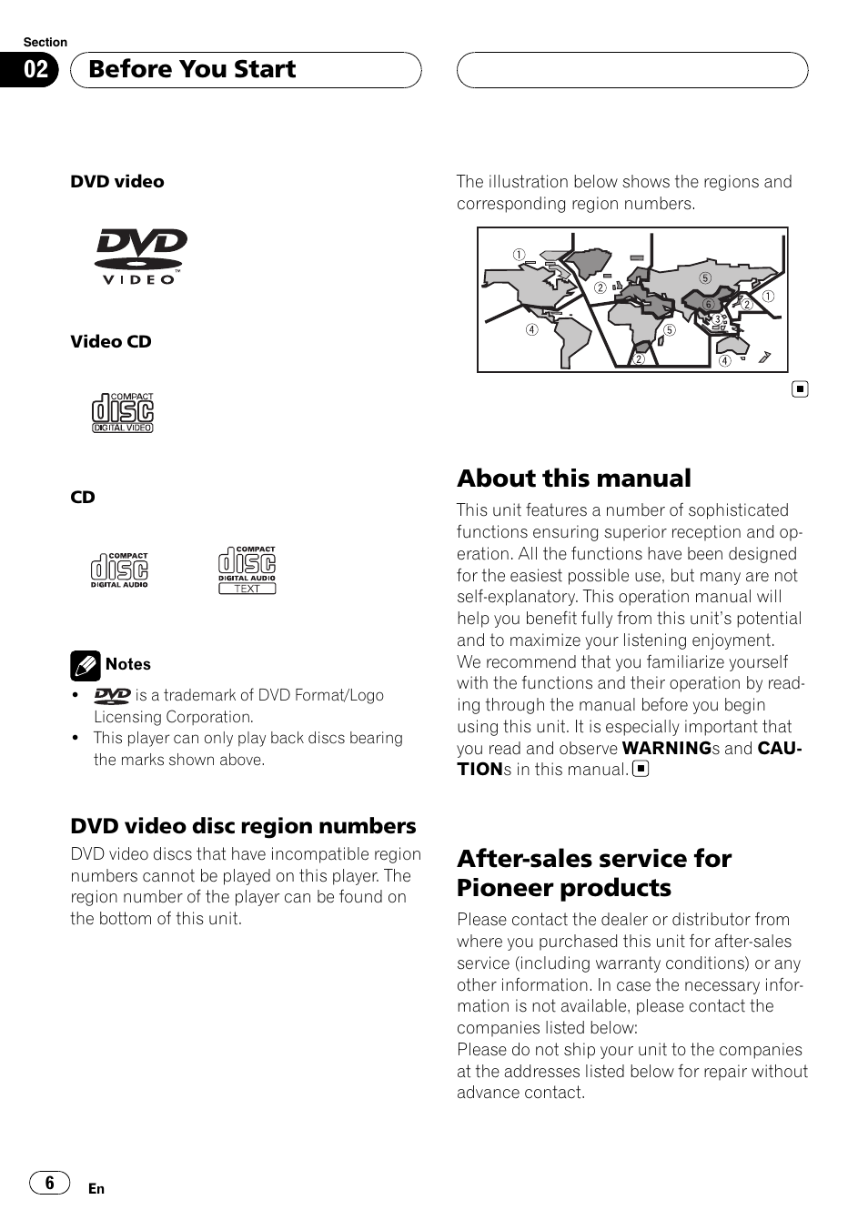 Dvd video disc region numbers 6, About this manual, After-sales service for pioneer products | Before you start | Pioneer AVH-P4900D User Manual | Page 6 / 85