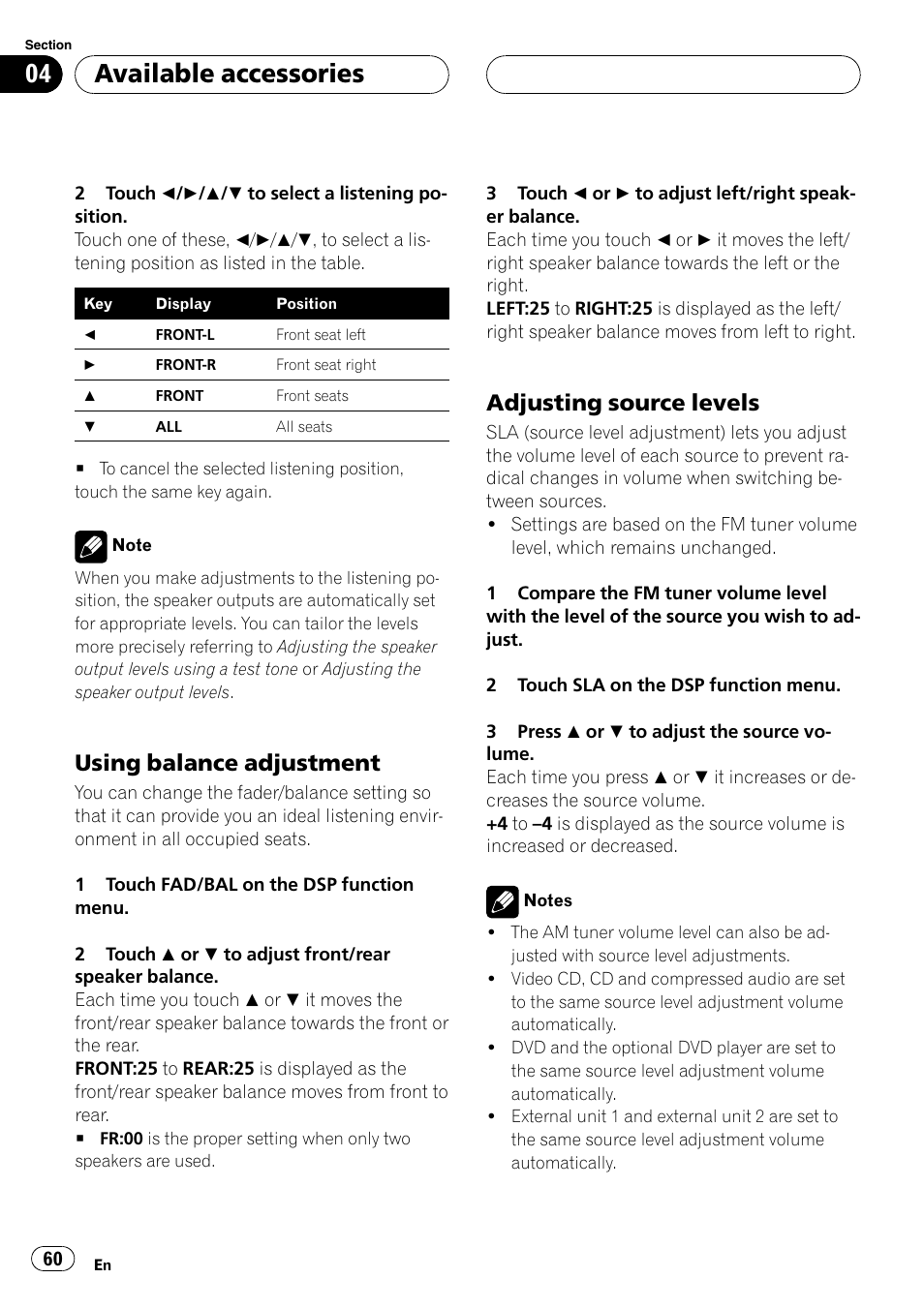 Available accessories, Using balance adjustment, Adjusting source levels | Pioneer AVH-P4900D User Manual | Page 60 / 85