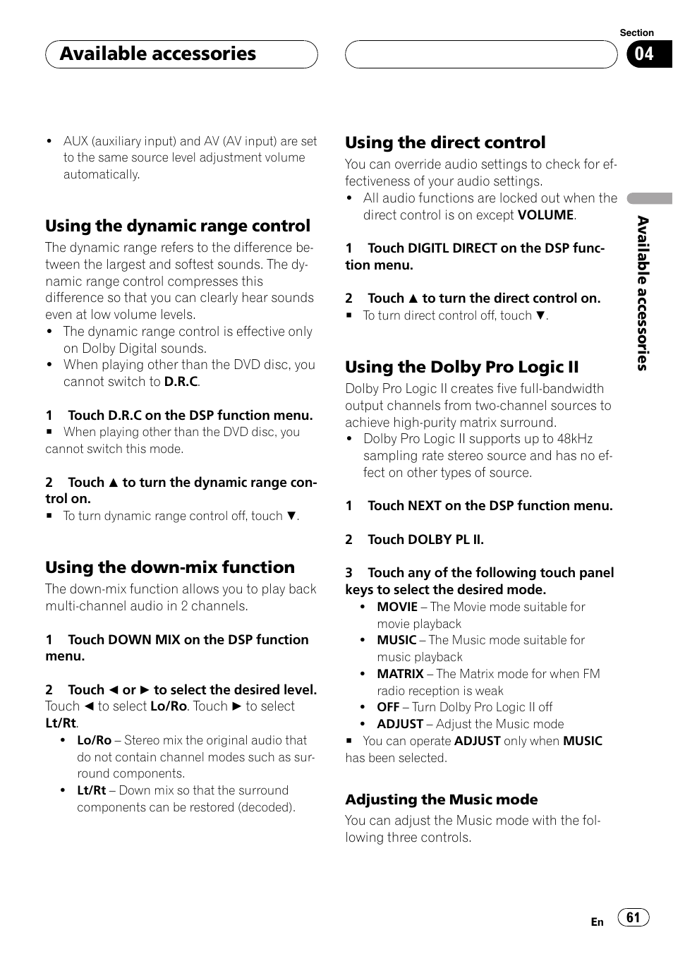 Available accessories, Using the dynamic range control, Using the down-mix function | Using the direct control, Using the dolby pro logic ii | Pioneer AVH-P4900D User Manual | Page 61 / 85