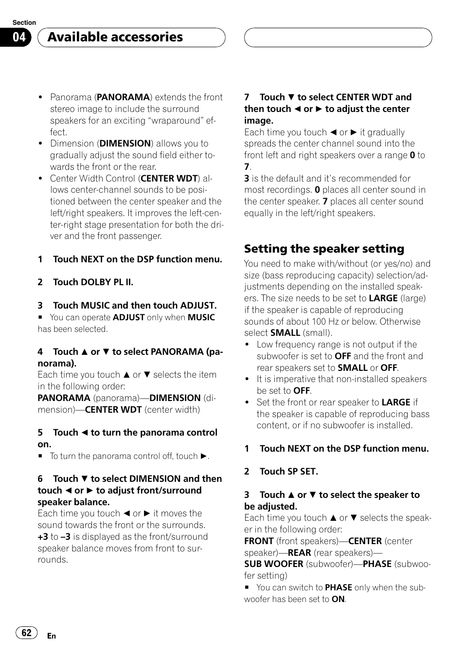 Setting the speaker setting, Available accessories | Pioneer AVH-P4900D User Manual | Page 62 / 85