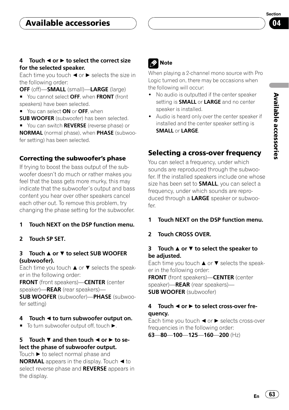 Selecting a cross-over frequency, Available accessories | Pioneer AVH-P4900D User Manual | Page 63 / 85