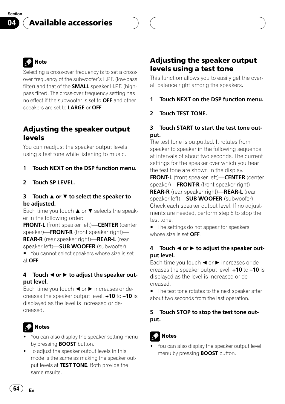 Adjusting the speaker output levels, Available accessories | Pioneer AVH-P4900D User Manual | Page 64 / 85