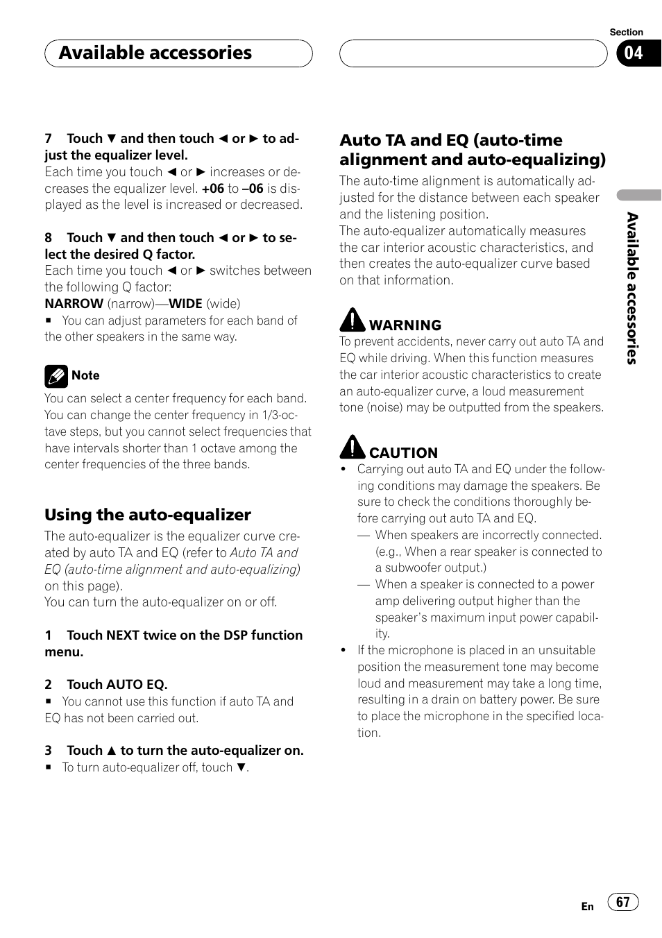 Available accessories, Using the auto-equalizer | Pioneer AVH-P4900D User Manual | Page 67 / 85