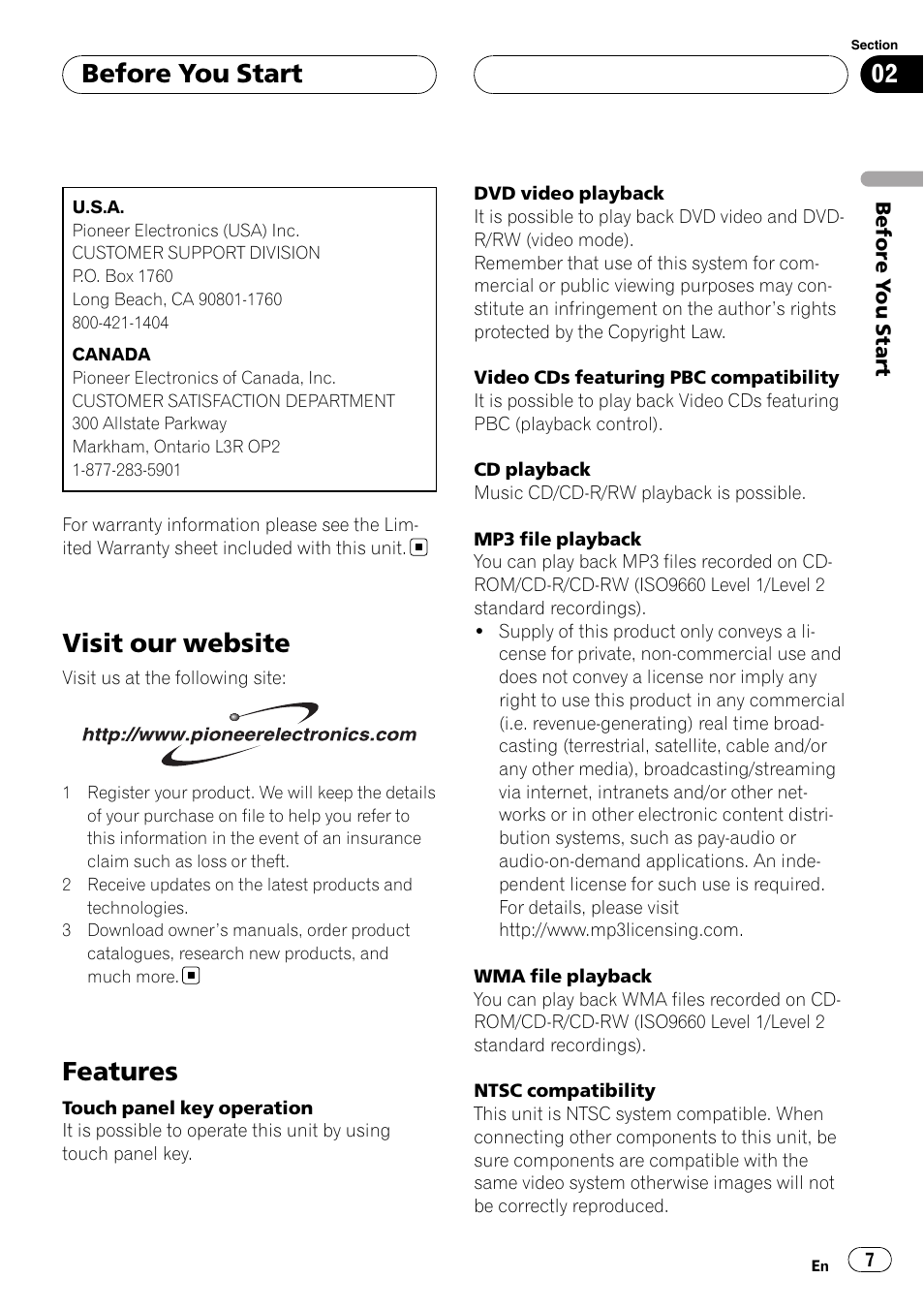 Visit our website, Features, Before you start | Pioneer AVH-P4900D User Manual | Page 7 / 85