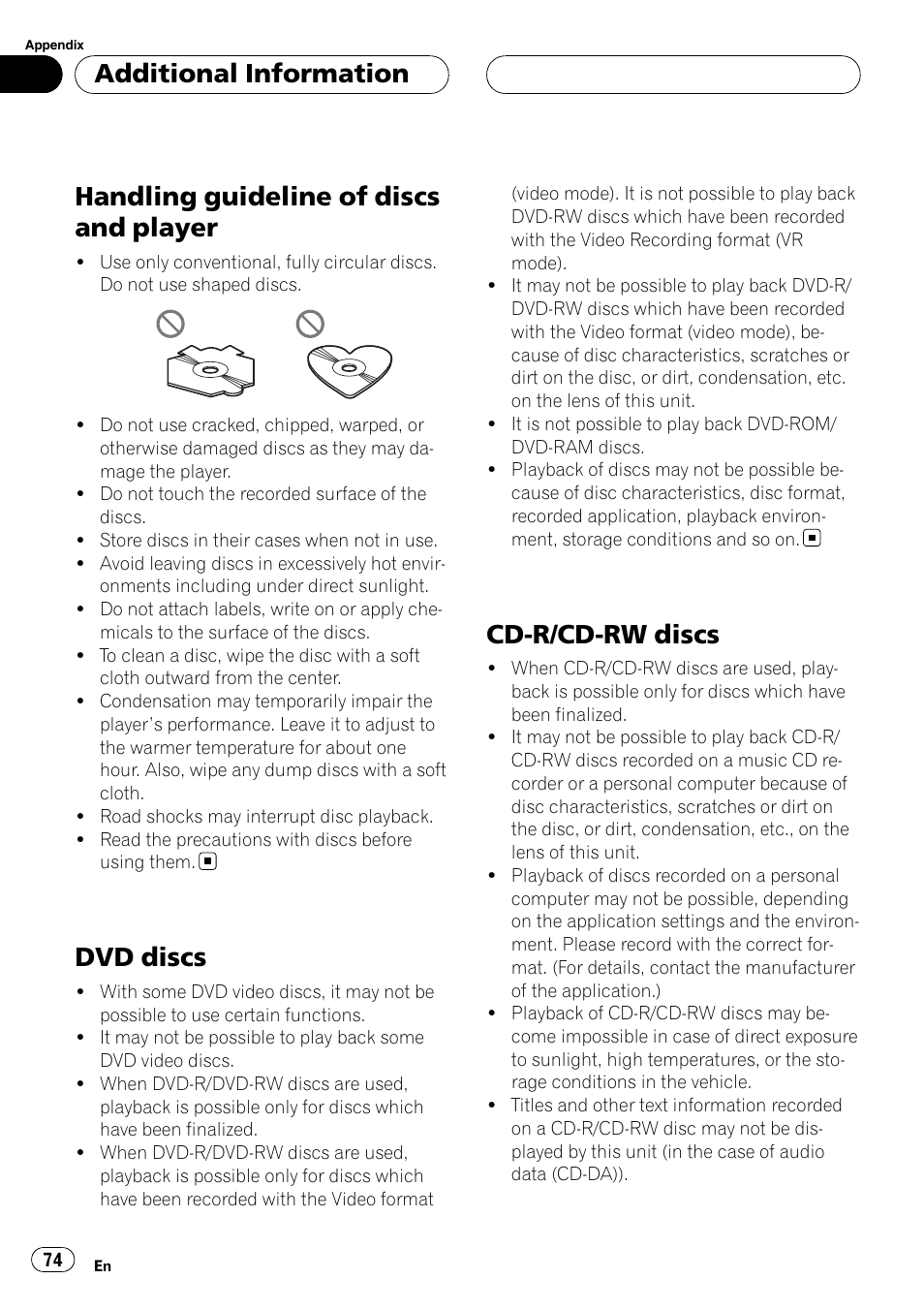 Handling guideline of discs and player, Dvd discs, Cd-r/cd-rw discs | Additional information | Pioneer AVH-P4900D User Manual | Page 74 / 85