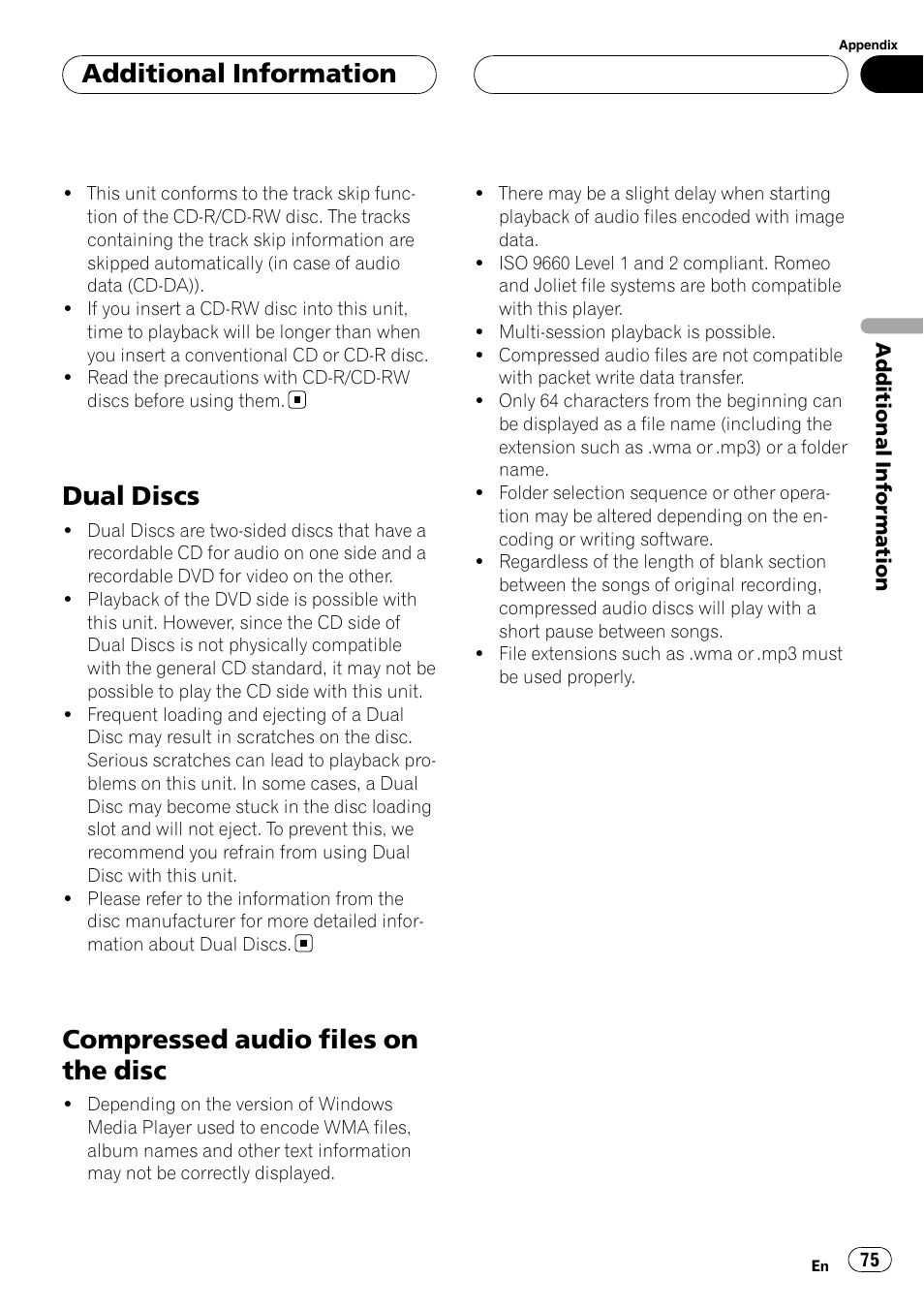 Dual discs, Compressed audio files on the disc, Additional information | Pioneer AVH-P4900D User Manual | Page 75 / 85