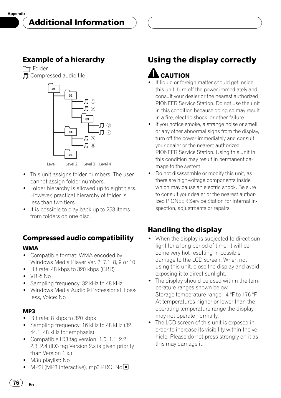 Using the display correctly, Additional information, Example of a hierarchy | Compressed audio compatibility, Handling the display | Pioneer AVH-P4900D User Manual | Page 76 / 85