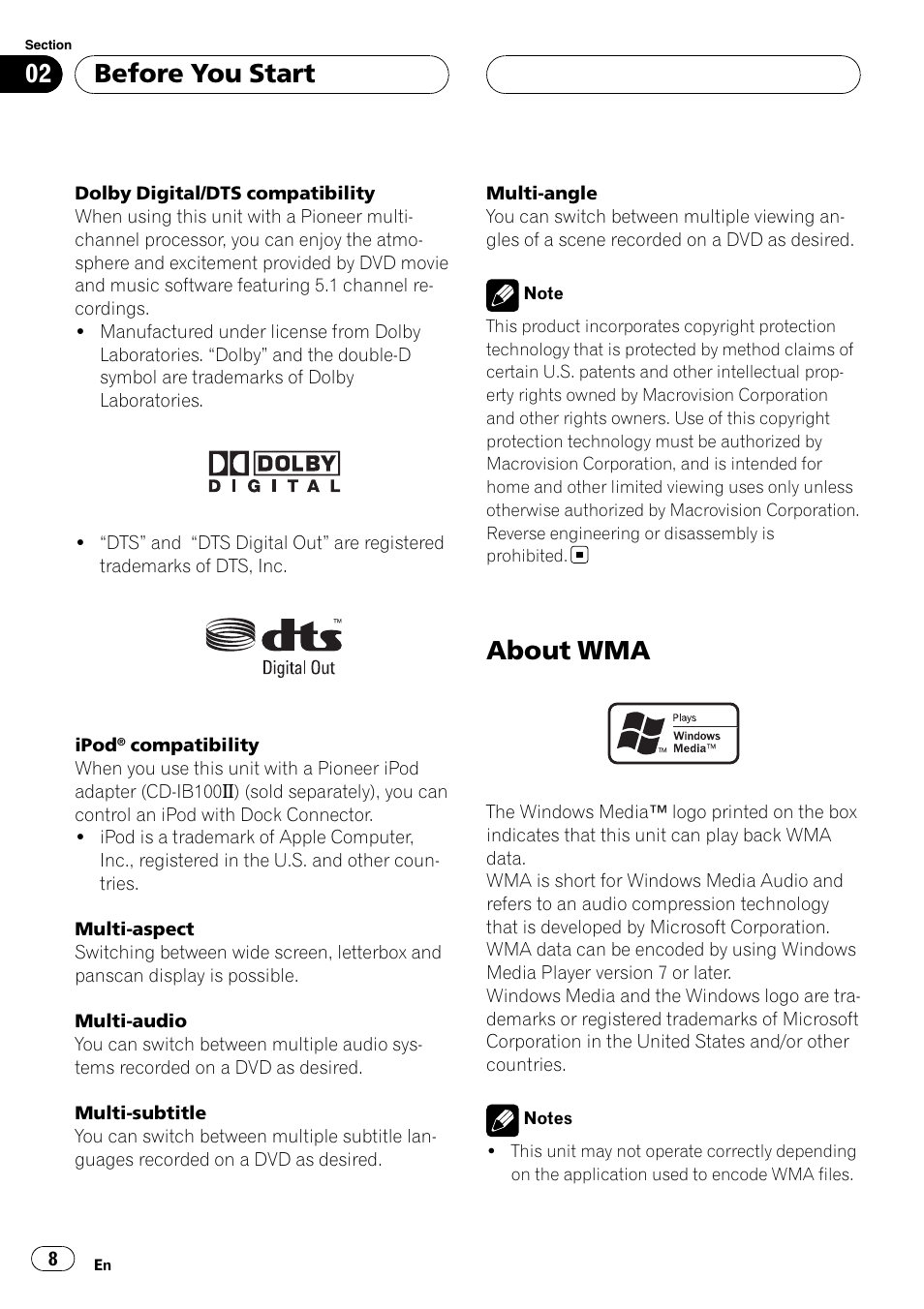 About wma, Before you start | Pioneer AVH-P4900D User Manual | Page 8 / 85