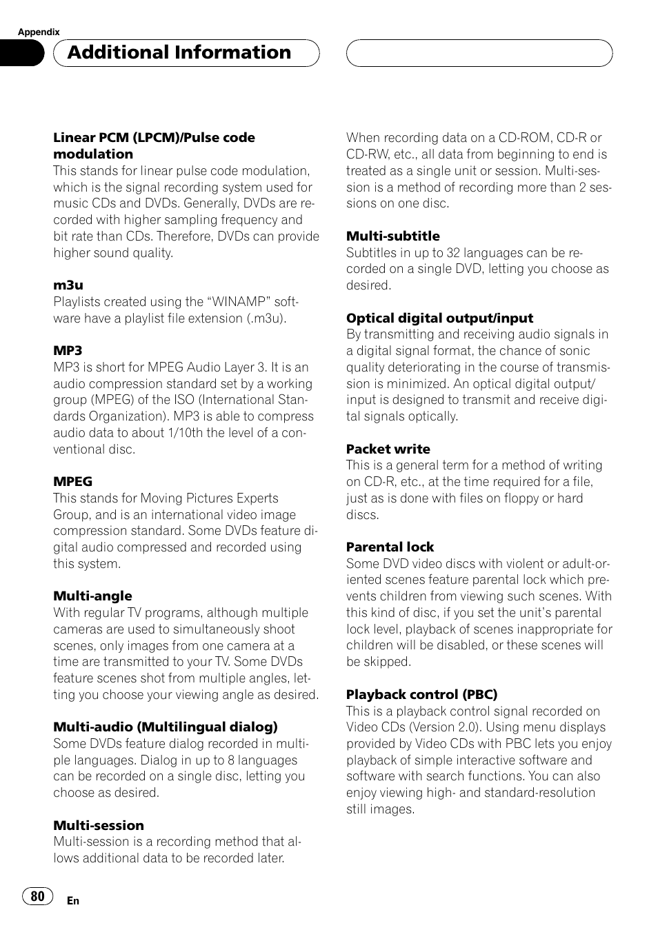 Additional information | Pioneer AVH-P4900D User Manual | Page 80 / 85