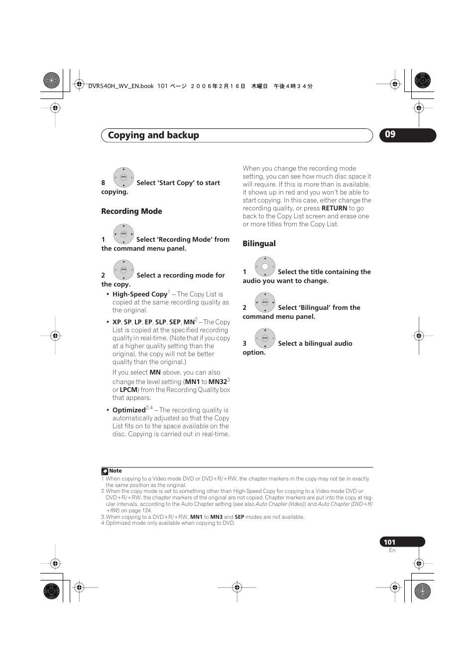 Copying and backup 09, Recording mode, Bilingual | Pioneer DVR-440H-S User Manual | Page 101 / 144