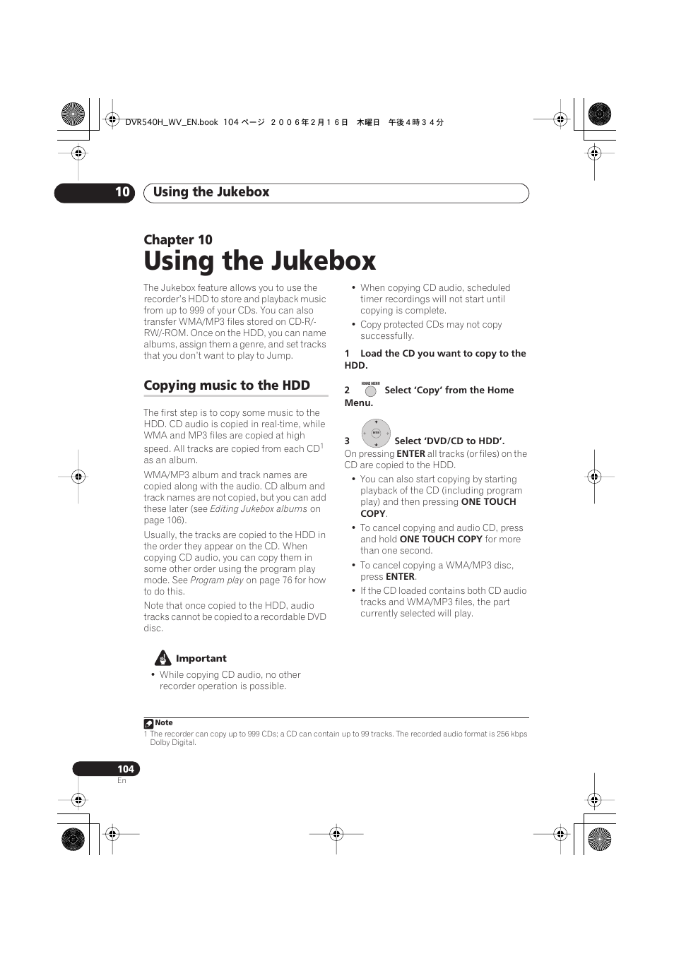10 using the jukebox, Copying music to the hdd, Using the jukebox | Using the jukebox 10, Chapter 10 | Pioneer DVR-440H-S User Manual | Page 104 / 144