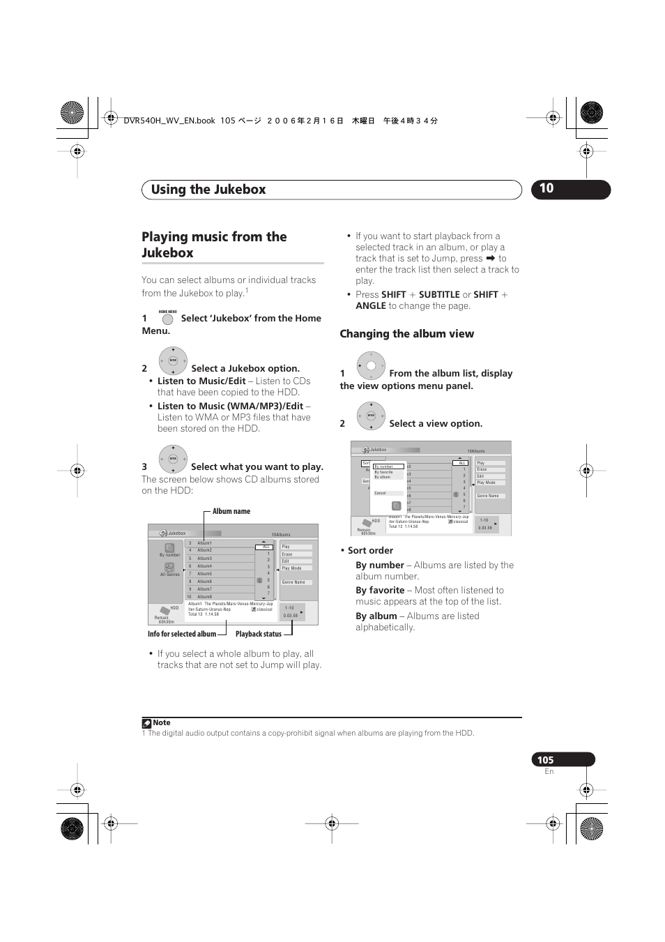 Playing music from the jukebox, Using the jukebox 10, Playing music from the | Jukebox, Changing the album view | Pioneer DVR-440H-S User Manual | Page 105 / 144