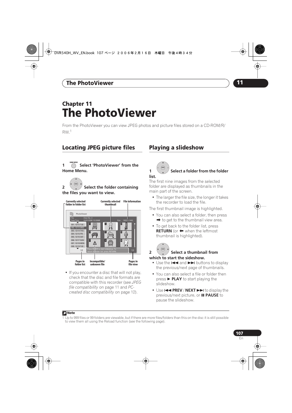 11 the photoviewer, Locating jpeg picture files, Playing a slideshow | The photoviewer, The photoviewer 11, Chapter 11 | Pioneer DVR-440H-S User Manual | Page 107 / 144
