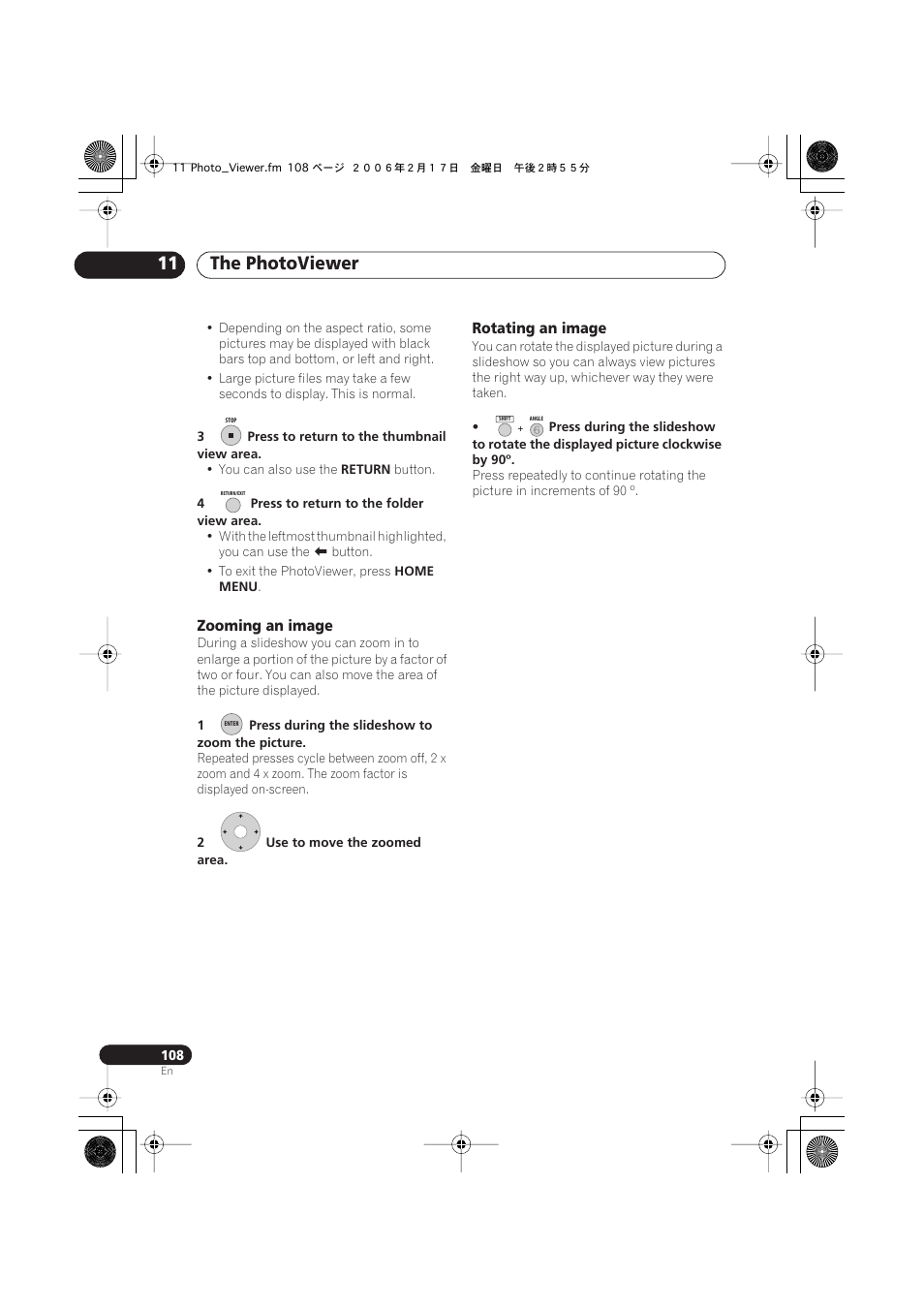 The photoviewer 11, Zooming an image, Rotating an image | Pioneer DVR-440H-S User Manual | Page 108 / 144