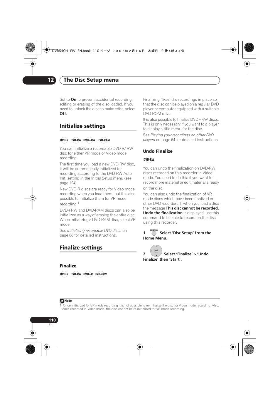Initialize settings, Finalize settings, The disc setup menu 12 | Pioneer DVR-440H-S User Manual | Page 110 / 144
