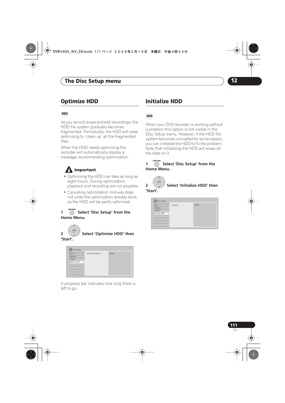 Optimize hdd, Initialize hdd, The disc setup menu 12 | Pioneer DVR-440H-S User Manual | Page 111 / 144