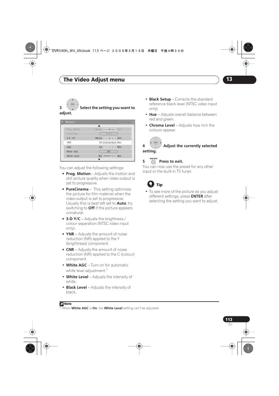 The video adjust menu 13 | Pioneer DVR-440H-S User Manual | Page 113 / 144