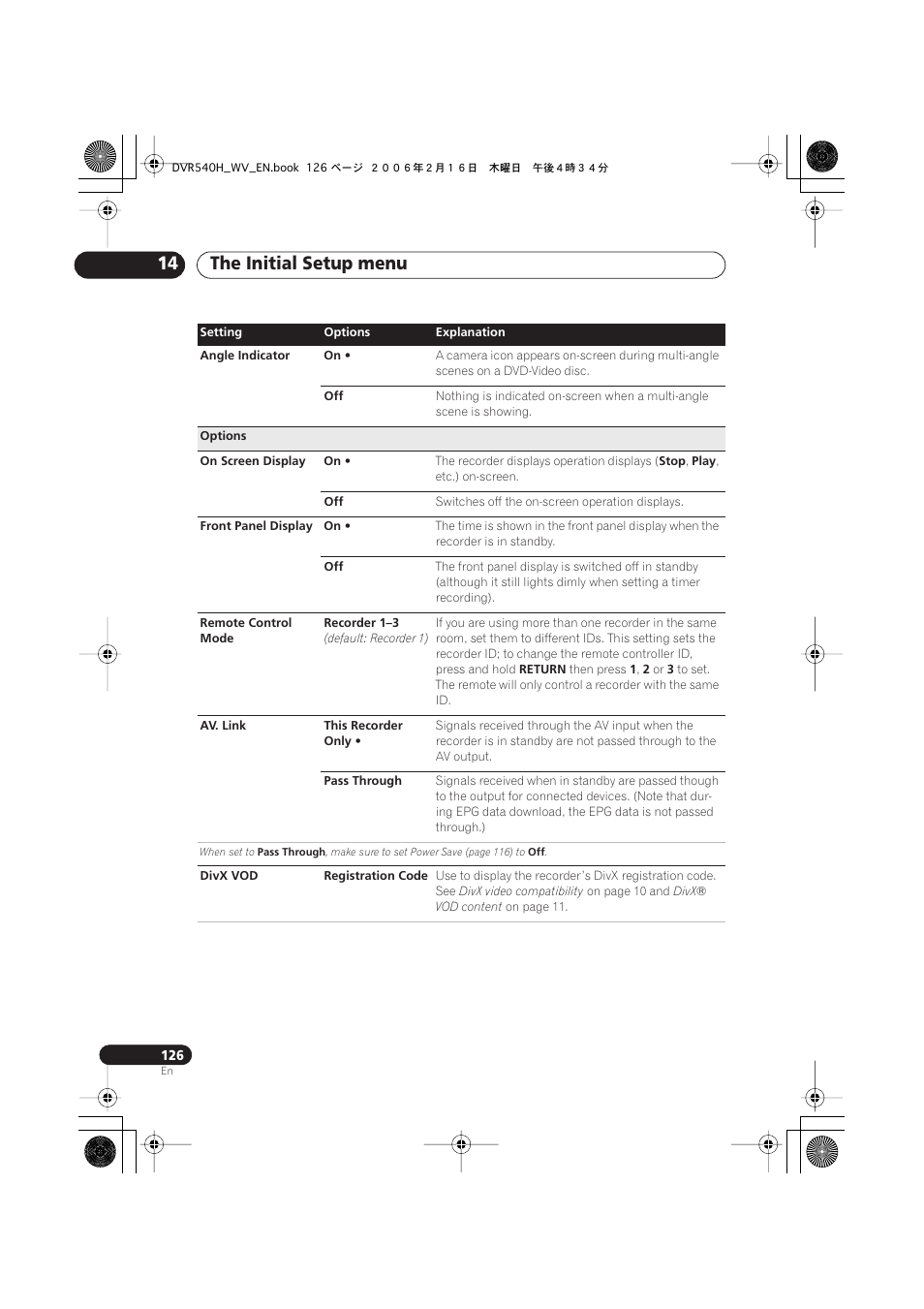 The initial setup menu 14 | Pioneer DVR-440H-S User Manual | Page 126 / 144